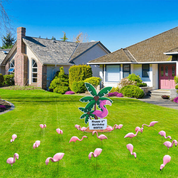 PALM TREE & FLAMINGO LAWN SIGN WITH 20 SMALL FLAMINGOS